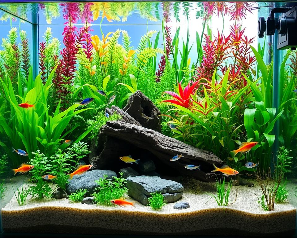 A beautifully arranged aquarium for beginners, showcasing an inviting 20-gallon tank filled with vibrant aquatic plants and a sandy substrate. In the foreground, a selection of beginner-friendly fish like guppies, neon tetras, and cherry shrimp swim playfully among the lush greenery. The middle ground features a rock formation and driftwood, creating natural hiding spots. The background showcases a colorful horizon of plants reaching toward the water's surface. Soft, natural lighting filters through the tank, creating gentle reflections that enhance the tranquil atmosphere. Capture the scene with a close-up angle to emphasize the details of the fish and plants. The overall mood is calm and serene, inviting new aquarists to envision their own ideal tank setup. A beautifully arranged aquarium for beginners, showcasing an inviting 20-gallon tank filled with vibrant aquatic plants and a sandy substrate. In the foreground, a selection of beginner-friendly fish like guppies, neon tetras, and cherry shrimp swim playfully among the lush greenery. The middle ground features a rock formation and driftwood, creating natural hiding spots. The background showcases a colorful horizon of plants reaching toward the water's surface. Soft, natural lighting filters through the tank, creating gentle reflections that enhance the tranquil atmosphere. Capture the scene with a close-up angle to emphasize the details of the fish and plants. The overall mood is calm and serene, inviting new aquarists to envision their own ideal tank setup.