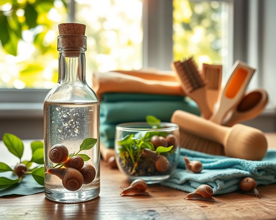 A beautifully arranged display of natural snail cleaners on a wooden table, showcasing various eco-friendly cleaning products inspired by the unique properties of snail mucin. In the foreground, focus on a glass bottle with a cork top, filled with a clear, shimmering liquid that reflects light. Beside it, a small terrarium holds live snails crawling among vibrant green leaves, highlighting their natural habitat. In the middle ground, colorful cleaning cloths and brushes made from sustainable materials are artfully positioned. The background features soft, dappled sunlight filtering through a leafy window, casting a warm, inviting glow. The overall atmosphere should feel refreshing and organic, emphasizing a connection to nature and sustainability in home cleaning solutions.