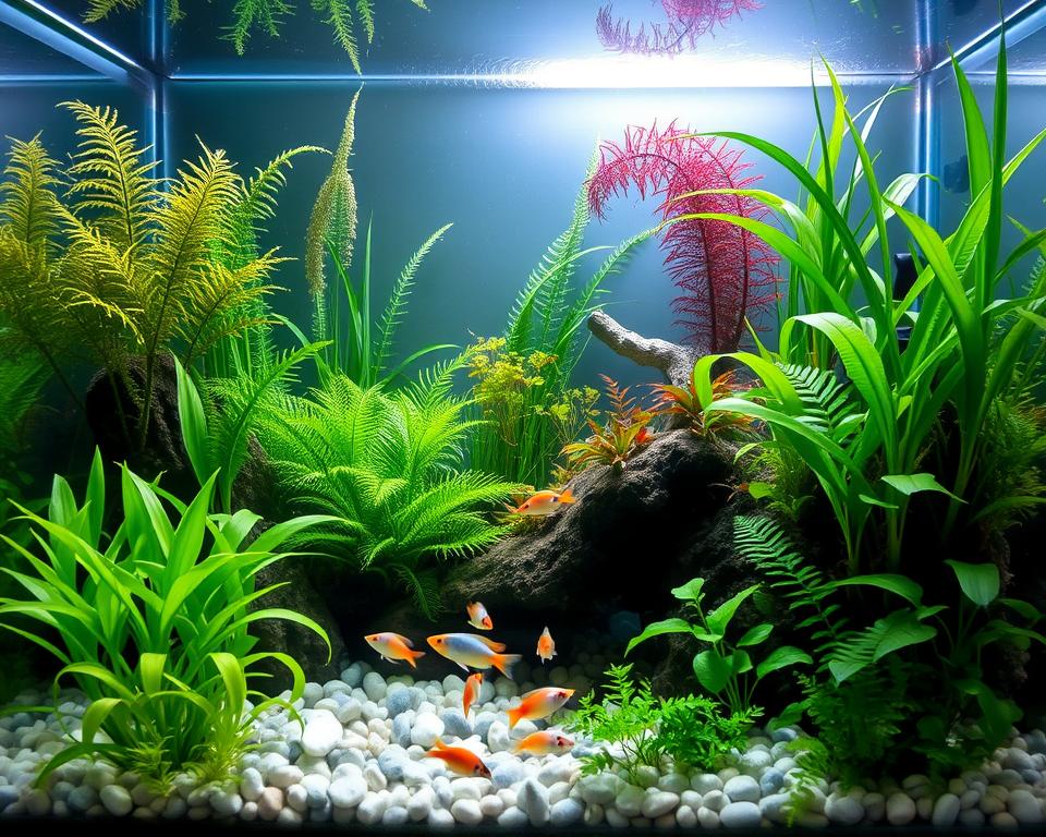 A beautifully balanced ecosystem aquarium, showcasing a harmonious blend of aquatic plants and colorful fish, set in a spacious glass tank. In the foreground, healthy green plants like anubias and java ferns flourish among delicate pebbles, creating a lush habitat. The middle section features small schools of vibrant neon tetras swimming gracefully, alongside a few peaceful guppies displaying their colorful tails. In the background, tall, swaying stems of vallisneria and crypts give depth, while the light filters gently from above, casting a serene glow throughout the scene. Soft reflections dance on the water surface, enhancing the tranquil atmosphere. The image is taken with a wide-angle lens, capturing the entire ecosystem in clear focus, providing an inviting glimpse into the peaceful coexistence of fish and plants.