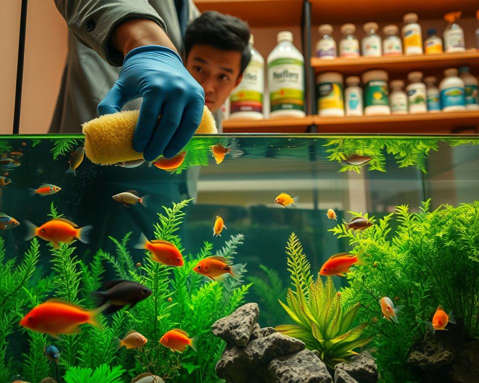 A close-up of a person in smart casual attire, wearing gloves and carefully cleaning a fish tank. In the foreground, a variety of colorful fish swim around a vibrant underwater landscape filled with lush plants and decorative stones. The middle ground features the person gently scrubbing the tank glass with a sponge, while their reflection is faintly visible in the water's surface. The background showcases shelves stocked with fish care supplies, such as algae scrapers and water conditioners, under warm, soft lighting. The atmosphere is calm and engaging, emphasizing the effort involved in seasonal tank maintenance, while highlighting the beauty and tranquility of a well-cared-for aquarium.