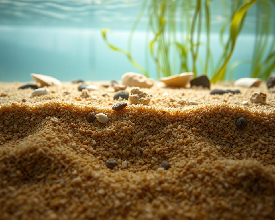 A close-up view of a deep sand bed, showcasing detailed layering techniques essential for creating a thriving ecosystem. In the foreground, finely textured grains of sand display varying depths, featuring rich hues of tan and beige. The middle layer presents a carefully arranged mixture of small rocks, shells, and organic material that aids in filtration. The background includes a soft-focus view of aquatic plants, gently swaying in calm water, creating a serene underwater environment. The scene is illuminated by soft, natural light filtering from the surface, casting gentle shadows that enhance the three-dimensional effect of the layers. The mood is tranquil and inviting, emphasizing the beauty and intricacies of the sand bed ecosystem. Capture this composition with a macro lens at a slight angle to highlight the textures and colors.