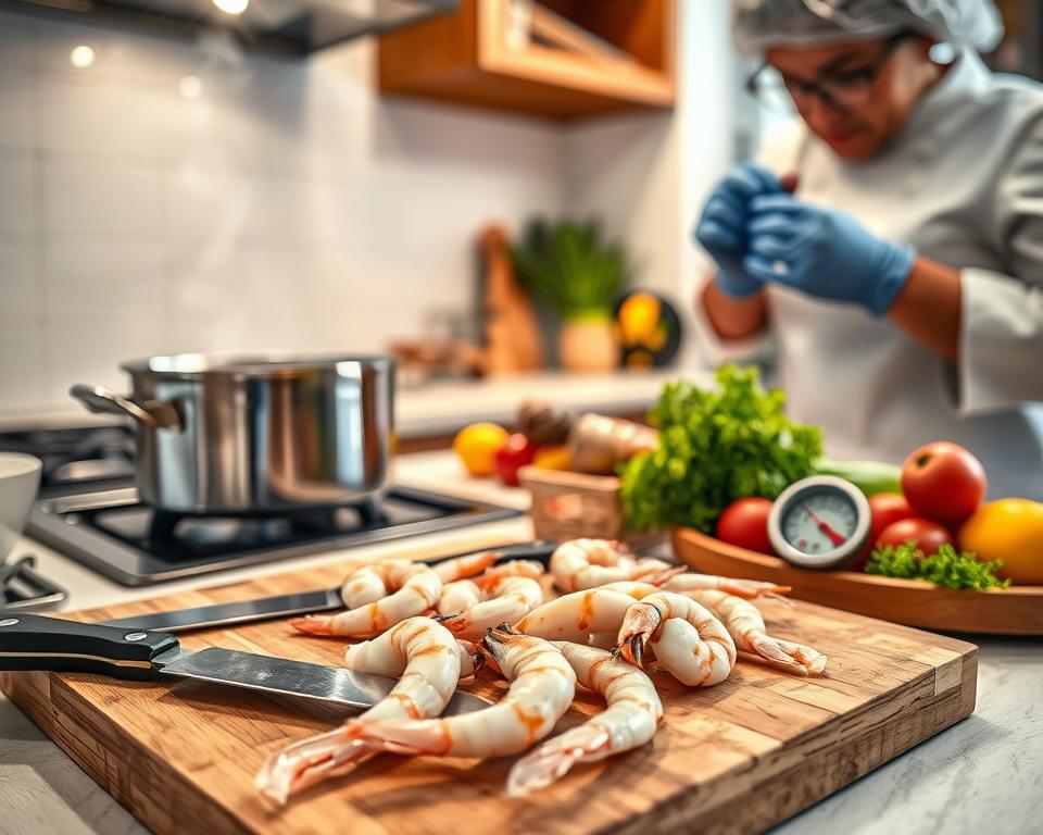 A cozy kitchen setting depicting a clean, organized workspace focused on shrimp cooking safety. In the foreground, a wooden cutting board displays fresh shrimp alongside a knife and a food thermometer, underscoring importance of food safety. To the right, a person dressed in a professional chef's uniform is inspecting the shrimp, wearing gloves and a hairnet, symbolizing hygiene practices. In the middle ground, a colorful array of vegetables adds a vibrant contrast, while a pot simmers on the stove, emitting a gentle steam, suggesting careful cooking processes. The background captures a well-lit kitchen with soft, warm lighting, providing a welcoming atmosphere. Emphasize clarity and cleanliness, with a depth-of-field effect to keep focus on the shrimp and the safety measures in action.