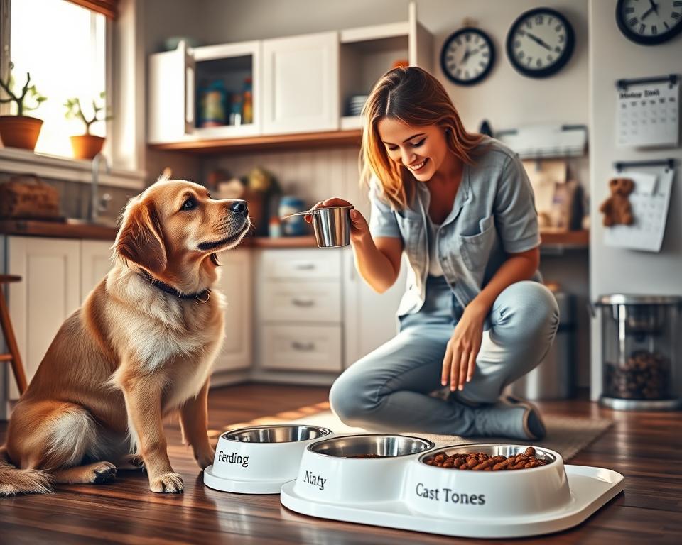 A cozy kitchen setting with warm, natural lighting filtering through a window, casting soft shadows. In the foreground, a caring pet owner, dressed in casual yet tidy clothing, is gently feeding a dog from a measuring cup, emphasizing portion control. The dog, a happy golden retriever, sits eagerly with its tail wagging, embodying a friendly demeanor. In the middle ground, a well-organized feeding station includes a clean food bowl with labeled sections for different meals, showcasing the importance of routine. In the background, the kitchen is adorned with open cabinets filled with pet food, a calendar on the wall marking feeding times, and a wall clock, suggesting a structured environment. The mood is warm, inviting, and nurturing, highlighting the importance of establishing a healthy feeding routine.