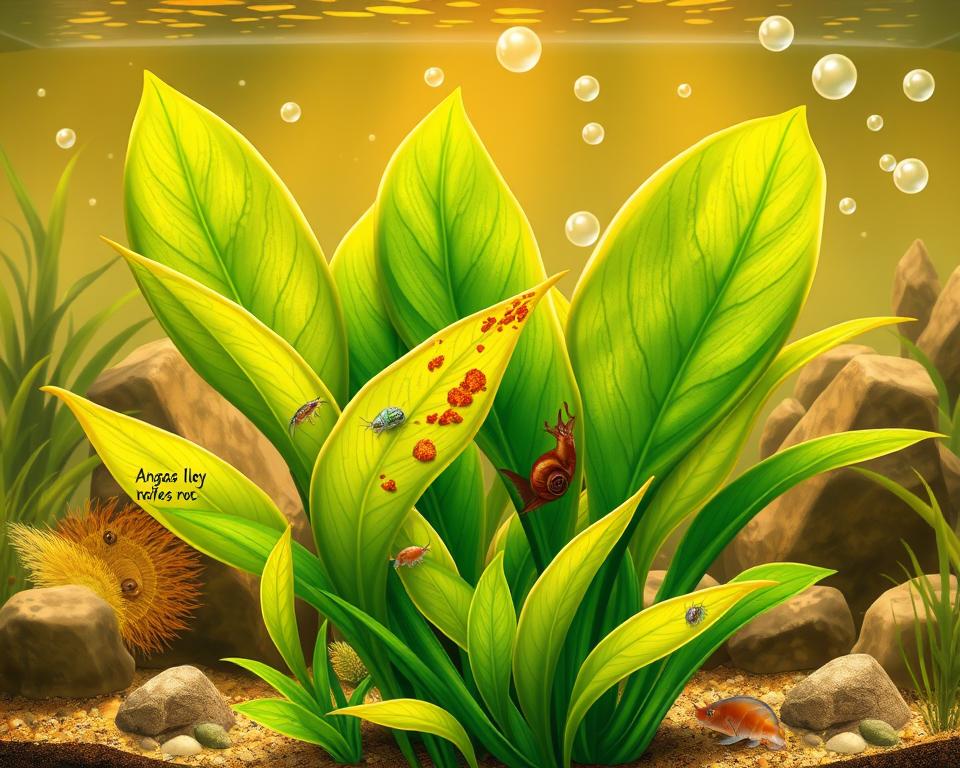 A detailed and informative illustration of Anubias plants in a vibrant aquarium setting, focusing on common pests and diseases affecting them. In the foreground, showcase a healthy Anubias plant with lush green leaves, positioned alongside damaged leaves showing symptoms of algae growth and brown spots, indicating rot. The middle ground features tiny pests like snails and shrimp, emphasizing their presence among the leaves. Background elements include a softly lit underwater landscape with scattered rocks and gentle bubbles rising, creating a serene atmosphere. Use warm, natural lighting to enhance the plant's rich colors, mimicking a real aquarium environment. The image should capture the complexities of aquatic plant care while remaining visually appealing and educational.