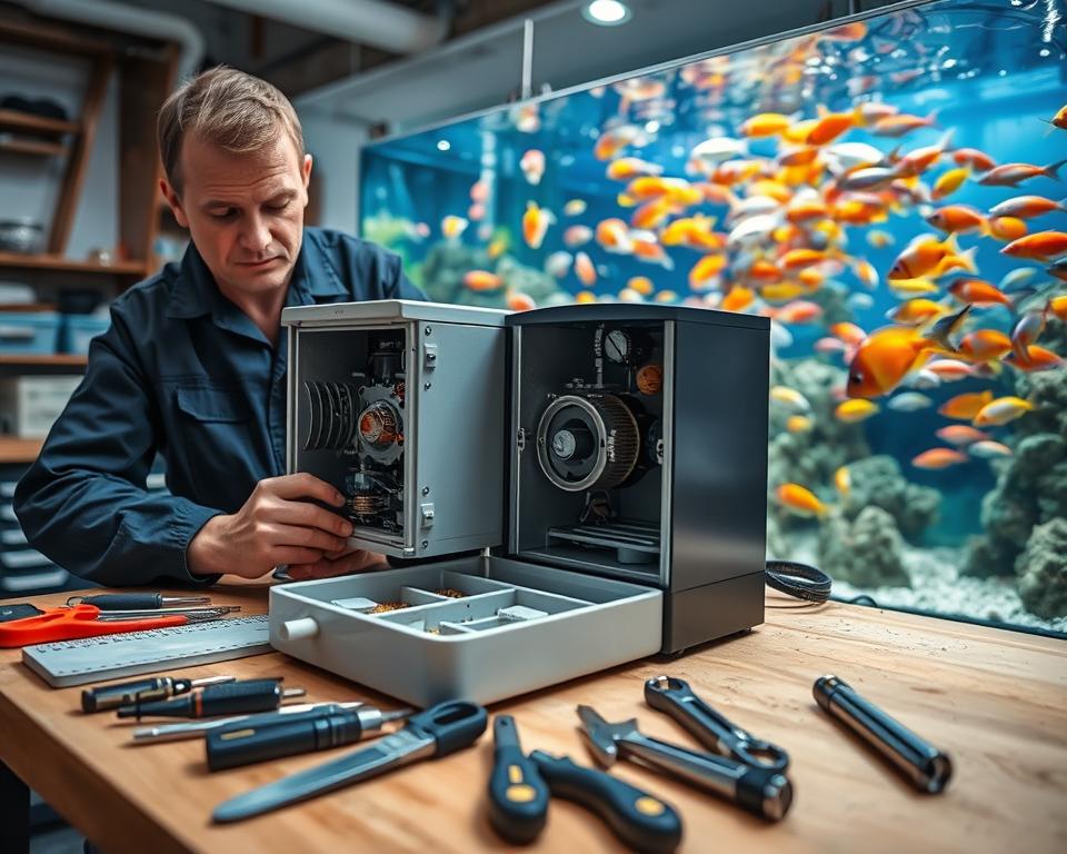 A detailed and well-equipped workshop setting dedicated to the maintenance of an automatic fish feeder. In the foreground, focus on a technician wearing a dark blue jumpsuit, carefully inspecting the inner mechanics of a fish feeding machine, with various tools spread out on a workbench. In the middle, prominently feature the open fish feeder displaying its intricate gears and compartments. In the background, a large aquarium filled with vibrant, colorful fish swims peacefully, contrasting with the busy workshop atmosphere. The lighting is bright and clear, highlighting the details of the machine, with soft shadows for depth. The mood is industrious yet calm, suggesting a productive maintenance session. The camera angle captures the technician's focused expression and the complex workings of the device, emphasizing the importance of regular upkeep in aquarium care.