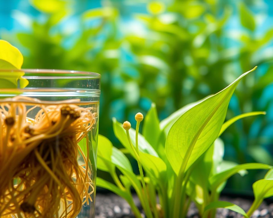 A detailed close-up view of Anubias plants being propagated in a serene aquatic environment. In the foreground, a clear glass container is filled with nutrient-rich water, showcasing the roots of Anubias cuttings gently floating. The middle ground features several Anubias leaves, vibrant green and healthy, with small nodes where new shoots are forming. In the background, blurred aquatic plants and calming blue water create a tranquil atmosphere, suggesting a lush underwater ecosystem. Soft, natural lighting filters through the water surface, creating gentle reflections and highlights on the plants. The composition conveys a sense of growth and care, inviting viewers into the world of aquarium gardening.