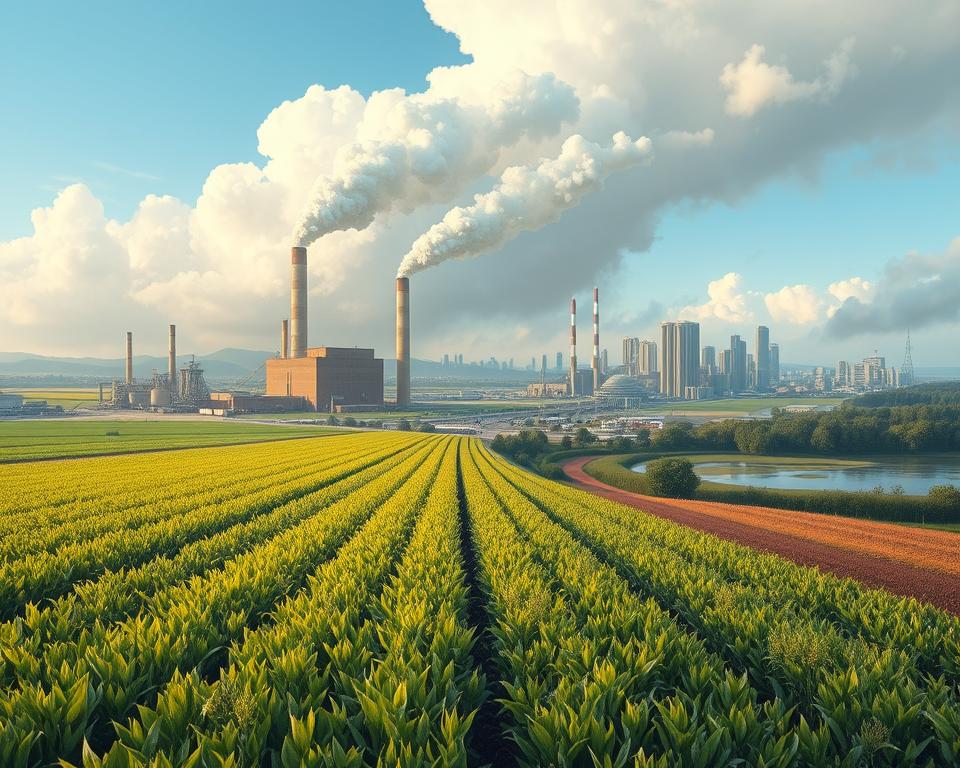 A detailed illustration of the nitrogen cycle impacted by human activity. In the foreground, show agricultural fields with vibrant green crops, with a subtle overlay of fertilizers being applied. In the middle ground, depict a factory releasing nitrogen oxides into the air, with a background of blue skies transitioning to gray smog. On one side, illustrate a bustling urban area with traffic emissions, and on the opposite, a tranquil natural landscape highlighting wetlands and forests. Use warm, natural lighting to emphasize the crops, contrasting with the cooler, harsh lighting around the factory and urban area. Capture a sense of urgency and awareness about environmental changes, inviting viewers to reflect on their role in the nitrogen cycle. Focus on creating a realistic and captivating scene without any text or additional overlays.