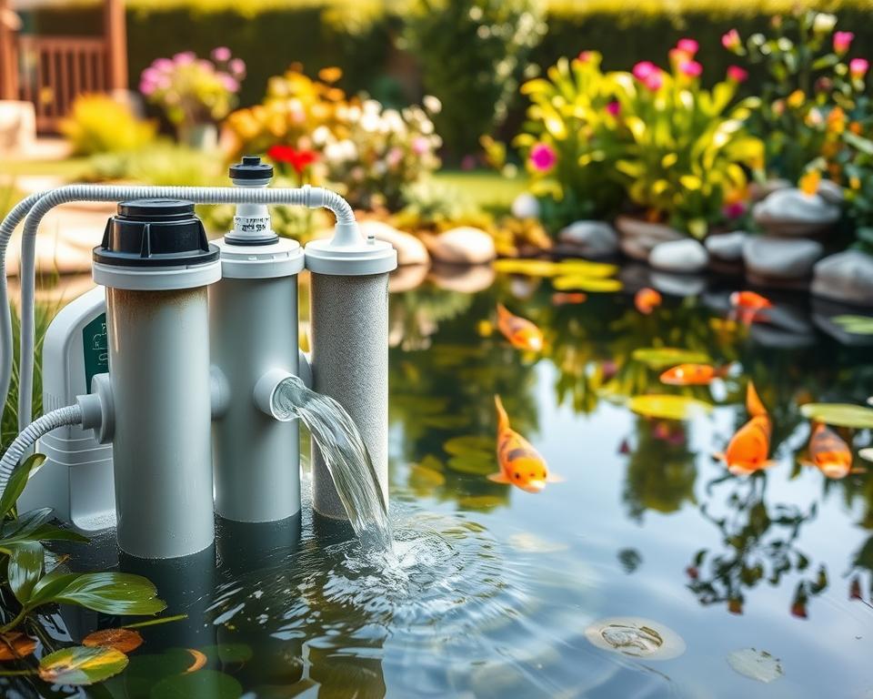 A detailed pond filtration system in a serene backyard setting, showcasing various components like a pump, UV sterilizer, and filter media. In the foreground, clear water flows through the filtration system, surrounded by vibrant aquatic plants. The middle ground features a well-maintained pond with koi fish swimming gracefully, highlighting the clarity of the water. The background shows a lush garden with flowering plants and a gentle sunlight filtering through, creating a warm, inviting atmosphere. Use a wide-angle lens to capture the entire scene, with soft, natural lighting that emphasizes the freshness and health of the pond environment. The mood is peaceful and reassuring, symbolizing effective maintenance practices for algae control.