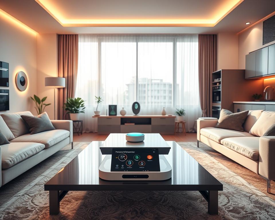 A futuristic living room showcasing smart home technology in action. In the foreground, a stylish coffee table displays an interactive smart home hub, surrounded by sleek, modern furniture. On the walls, smart lighting adjusts to a warm, inviting glow, and a large window reveals a sunny outdoor space. In the middle, a virtual assistant device sits on a shelf, while automated curtains gently open to let in natural light. The background features a smart thermostat and energy-efficient appliances. The room is neatly organized, emphasizing a stress-free, low-maintenance atmosphere. Soft, ambient lighting sets a calming mood, and the angle captures the entire space, creating a sense of comfort and ease.