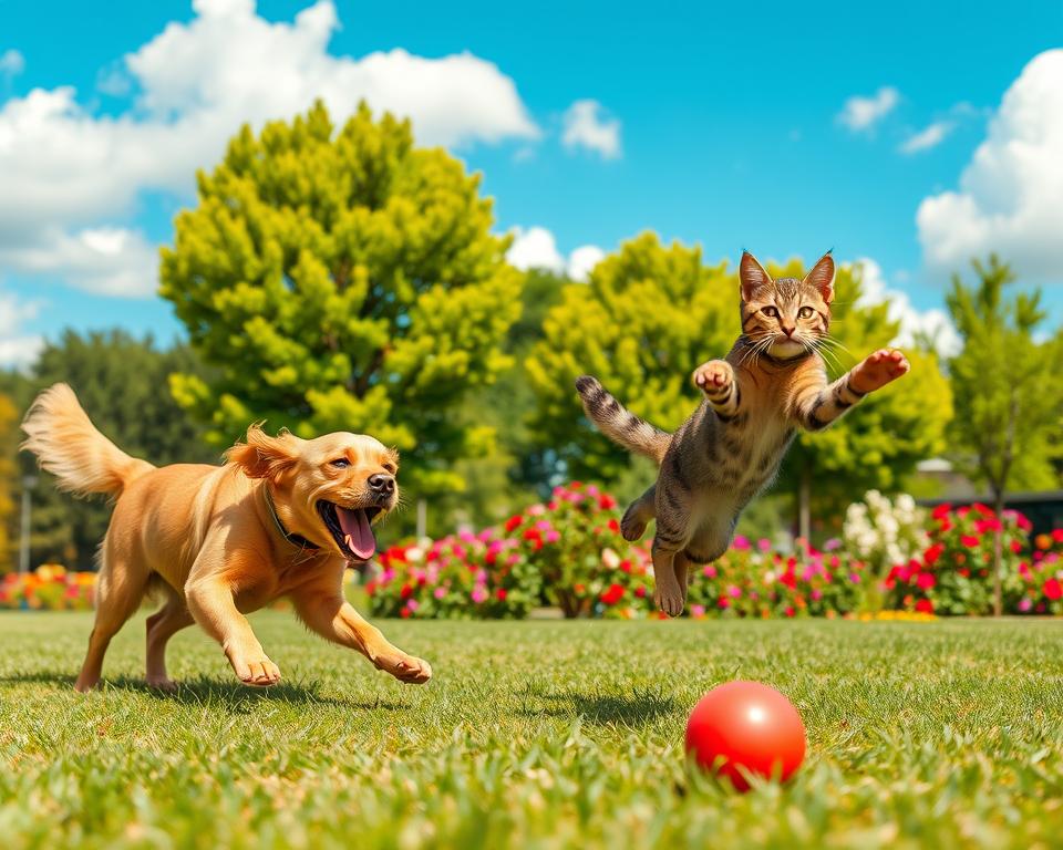 A lively scene of a playful dog and an enthusiastic cat engaging in exercise outdoors in a sunny park. In the foreground, the dog, a golden retriever, is joyfully running after a bright red ball, while the cat, a sleek tabby, is leaping playfully nearby, capturing attention with its mid-air pose. In the middle ground, there are lush green trees and vibrant flowers adding color and life to the scene. The background features a clear blue sky with fluffy white clouds, suggesting a perfect day for outdoor activities. The lighting is warm and inviting, casting gentle shadows on the grass. The atmosphere is energetic and cheerful, emphasizing the importance of keeping pets active and healthy.