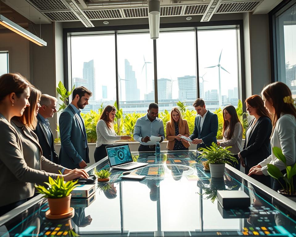 A modern office environment showcasing sustainable growth through technology. In the foreground, a diverse group of professionals in business attire collaborate around a sleek, high-tech table filled with digital devices, holographic displays, and green plants. The middle ground features large windows, letting in natural light that illuminates the space, with a green rooftop garden visible outside. In the background, futuristic cityscape elements blend with solar panels and wind turbines, symbolizing renewable energy. The scene conveys a sense of innovation, harmony, and optimism, with soft, vibrant colors and a bright atmosphere that encourages creativity and collaboration. The angle is a dynamic perspective from slightly below eye level to emphasize the professionals’ engagement with cutting-edge technology.