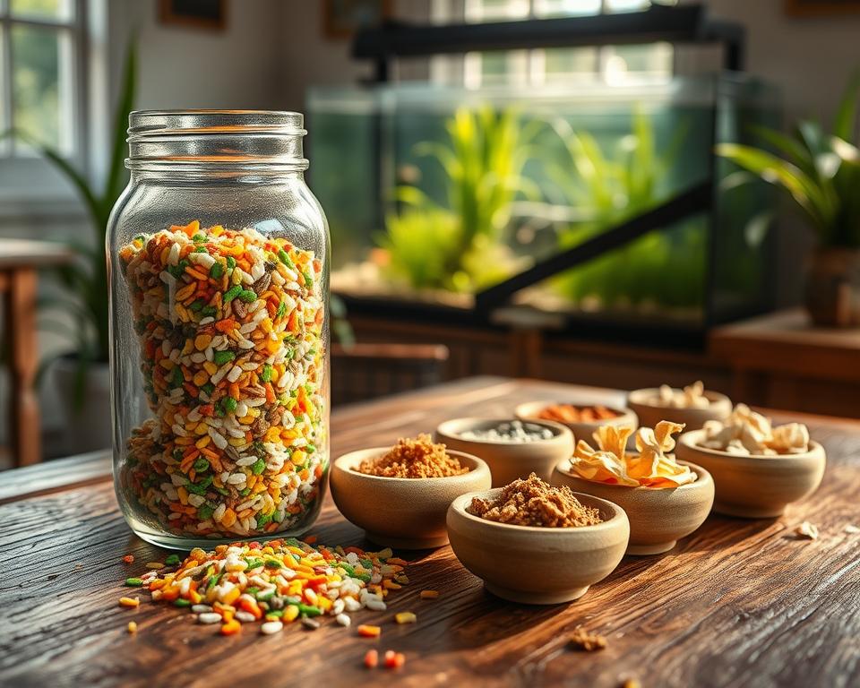 A rustic wooden table showcases an assortment of low-tech aquarium fish food. In the foreground, a clear glass jar filled with colorful fish flakes and pellets glistens under warm, natural light, with some flakes partially spilled on the table. The middle ground features small, handmade ceramic bowls filled with various types of natural fish food, including dried algae and crushed shrimp, adding a touch of artisanal charm. In the background, lush green plants and a simple, well-maintained aquarium create a serene atmosphere, subtly illuminated by soft daylight filtering through a nearby window. The overall mood is calm and inviting, perfect for beginners learning to care for their aquatic pets, emphasizing a harmonious connection with nature.