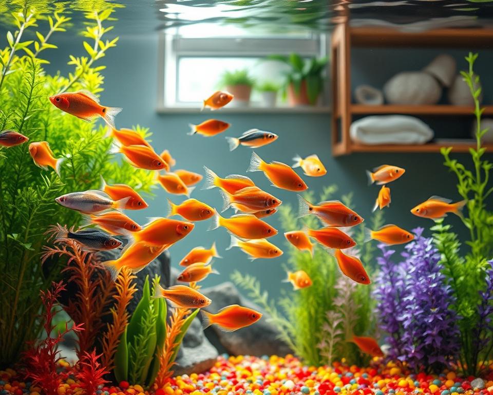 A serene aquarium scene depicting a variety of healthy freshwater fish swimming gracefully among lush aquatic plants and colorful substrate. In the foreground, a school of vibrant, beginner-friendly fish, such as guppies and neon tetras, exhibit lively behavior, illustrating their vitality. In the middle ground, a well-maintained aquarium with clear water reflects soft lighting, enhancing the colors of the fish and plants, while gentle ripples create a calming atmosphere. In the background, hints of a cozy home environment, like a wooden shelf or a small window with natural light filtering in, provide context. The overall mood is peaceful and educational, emphasizing the importance of fish health and care for new aquarists. The image should be bright, inviting, and free from any text or distracting elements. A serene aquarium scene depicting a variety of healthy freshwater fish swimming gracefully among lush aquatic plants and colorful substrate. In the foreground, a school of vibrant, beginner-friendly fish, such as guppies and neon tetras, exhibit lively behavior, illustrating their vitality. In the middle ground, a well-maintained aquarium with clear water reflects soft lighting, enhancing the colors of the fish and plants, while gentle ripples create a calming atmosphere. In the background, hints of a cozy home environment, like a wooden shelf or a small window with natural light filtering in, provide context. The overall mood is peaceful and educational, emphasizing the importance of fish health and care for new aquarists. The image should be bright, inviting, and free from any text or distracting elements.