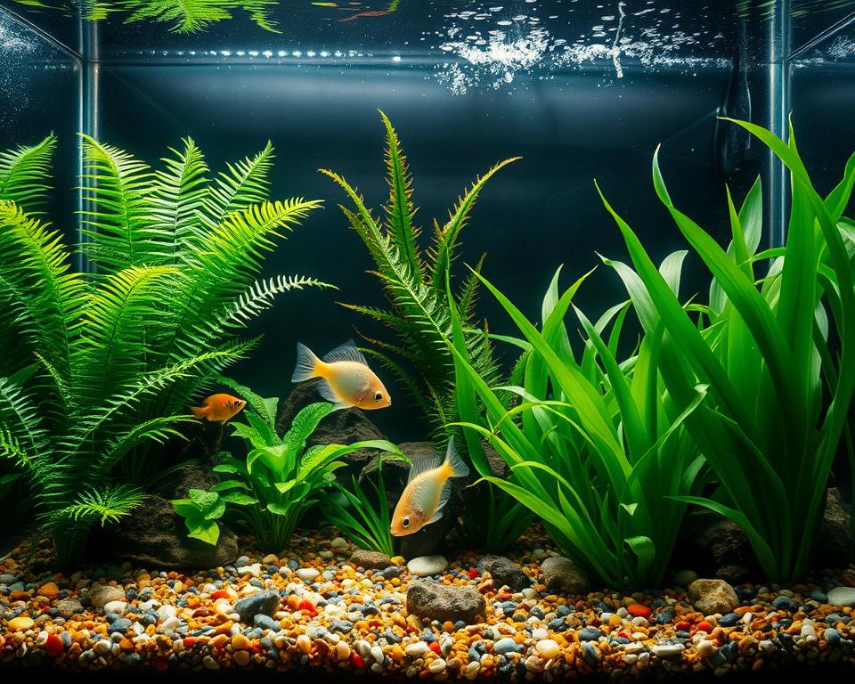 A serene aquarium scene showcasing a balanced ecosystem featuring lush no-CO2 aquatic plants, such as Java ferns, Anubias, and Amazon swords in vibrant greens. In the foreground, delicate fish swim gracefully among the plants, highlighting their natural habitat. The middle ground reveals a variety of colorful gravel and small stones, supporting the base of the plants, while a gentle current disturbs the water’s surface for a natural touch. In the background, a soft glow filters through the aquarium glass, creating dappled light effects reminiscent of sunbeams in underwater environments. The overall atmosphere is calm and harmonious, ideal for illustrating a thriving aquatic ecosystem. Use a slight wide-angle lens perspective to capture the depth of the aquarium while maintaining clarity and detail in all elements.