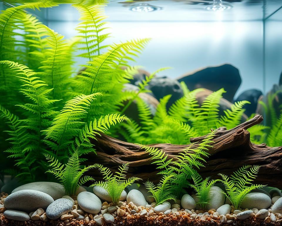 A serene aquascape featuring vibrant Java ferns in a freshwater aquarium, showcasing lush, green fronds displaying varied textures and sizes. In the foreground, small Java fern plantlets, recently propagated, are nestled among smooth pebbles and driftwood, illustrating their natural habitat. The middle ground features a blend of soft aquatic plants and clear water, allowing light to filter through, creating ethereal gleams on the delicate leaves. In the background, subtle hints of other aquatic elements, like rocks and a gentle current, enhance the aquatic environment. Soft, natural lighting from above illuminates the scene, creating a tranquil and nurturing atmosphere, perfect for highlighting aftercare tips for new plantlets. Use a slightly elevated angle to capture the depth and beauty of the aquatic ecosystem.
