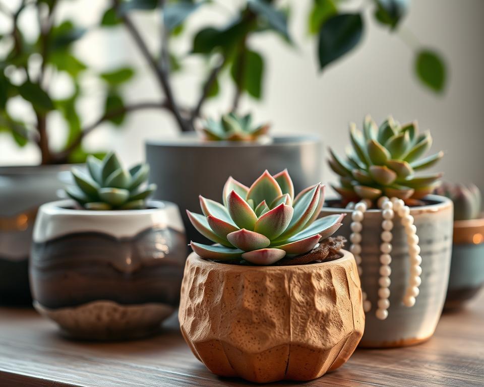 A serene arrangement of low-light succulent containers, showcasing an assortment of unique, textured pots made from terracotta, concrete, and glazed ceramic. In the foreground, a finely detailed terracotta pot holds a vibrant Echeveria, its fleshy leaves catching subtle shadows. The middle ground features a modern, minimalist concrete planter with a delicate string of pearls cascading over the edge. Soft, diffused lighting creates a tranquil atmosphere, simulating the gentle glow of twilight. The background is blurred with hints of leafy shadows from nearby foliage, suggesting a cozy indoor setting. Capture the rich, earthy colors and the calm, inviting mood that these low-light plants bring to a shaded corner of a home.