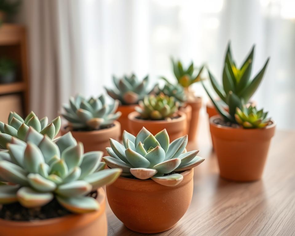 A serene arrangement of slow-growing succulent plants, featuring various species like Haworthia, Echeveria, and Aloe, displayed in elegant, minimalist terracotta pots. In the foreground, close-up details of their intricate leaf patterns and soft textures create a sense of tranquility. The middle ground showcases a gently lit wooden table with subtle natural grain, complementing the earthy tones of the pots. In the background, a softly blurred window with sheer curtains allows diffused sunlight to bathe the scene, enhancing the calming atmosphere. The overall mood conveys a peaceful home environment, ideal for fostering relaxation and mindfulness. Use soft, warm lighting to accentuate the plant colors and textures, with a shallow depth of field to focus on the succulents. A serene arrangement of slow-growing succulent plants, featuring various species like Haworthia, Echeveria, and Aloe, displayed in elegant, minimalist terracotta pots. In the foreground, close-up details of their intricate leaf patterns and soft textures create a sense of tranquility. The middle ground showcases a gently lit wooden table with subtle natural grain, complementing the earthy tones of the pots. In the background, a softly blurred window with sheer curtains allows diffused sunlight to bathe the scene, enhancing the calming atmosphere. The overall mood conveys a peaceful home environment, ideal for fostering relaxation and mindfulness. Use soft, warm lighting to accentuate the plant colors and textures, with a shallow depth of field to focus on the succulents.