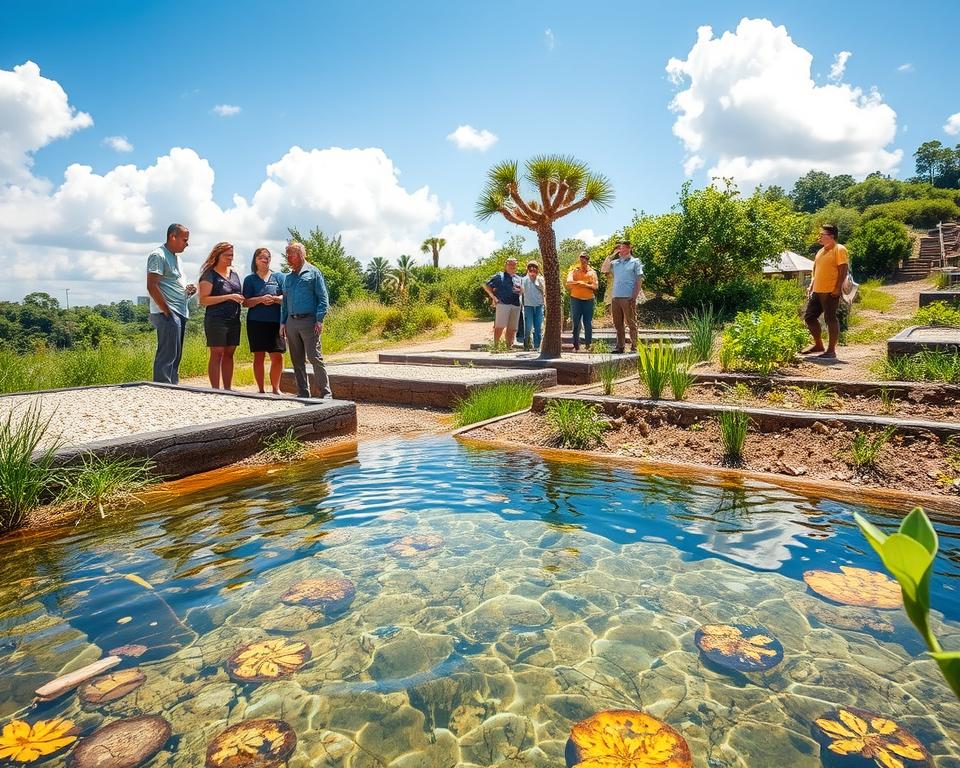 A serene community setting showcasing eco-friendly filtration systems. In the foreground, a clear, sparkling natural water source surrounded by lush greenery and native plants. To the left, a group of professionals in modest casual clothing discusses a filtration setup, examining the natural materials used such as sand and gravel. In the middle ground, visible filtration beds are integrated harmoniously with the landscape, featuring various layers of organic materials and plants that purify the water. The background reveals a bright blue sky with soft, fluffy clouds, enhancing the uplifting atmosphere. Natural sunlight casts gentle, dappled shadows on the scene, capturing the essence of sustainability and community collaboration.
