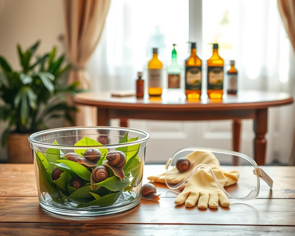 A serene indoor scene depicting a well-organized cleaning station focused on using natural snail cleaners, emphasizing safety precautions. In the foreground, a clear glass container holds live snails nestled on fresh, green leaves, symbolizing their natural cleaning properties. Beside the container, a pair of protective gloves and a safety goggles are neatly placed, indicating proper usage measures. The middle ground features an elegant wooden table with bottles labeled with natural ingredients like vinegar and essential oils, all studiously arranged. In the background, soft natural light filters through a window, creating a warm, inviting atmosphere. The overall mood is calm and informative, aiming to convey a sense of responsibility and care in using eco-friendly cleaning methods.