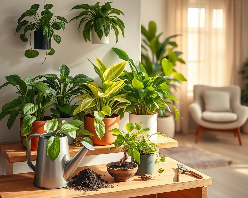 A serene indoor scene featuring a variety of low-light houseplants, such as pothos, snake plants, and ZZ plants, arranged on a stylish wooden shelf. In the foreground, there’s a watering can, soil, and a pair of pruning shears, suggesting care and maintenance activities. The middle ground showcases lush greenery, with soft textures and vibrant leaves gently illuminated by warm, diffused sunlight filtering through a nearby window. The background features a cozy living room space with soft, muted colors and a comfortable chair, creating an inviting atmosphere. The overall mood is calm and nurturing, emphasizing the tranquility and beauty of caring for low-light plants. Use soft focus to enhance the intimate feel of the setting, capturing the essence of plant care in low-light environments.