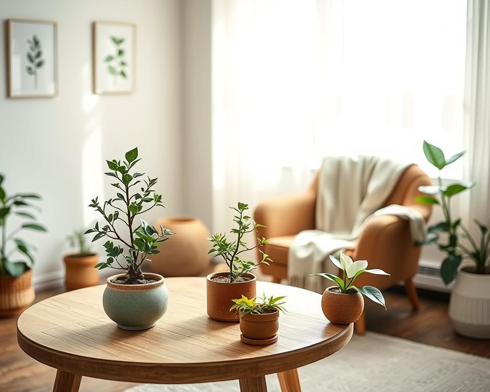 A serene indoor setting featuring slow growth plants arranged thoughtfully to create a relaxing atmosphere. In the foreground, a round wooden table with a muted, textured tablecloth holds a variety of potted plants, including a small bonsai tree, a delicate snake plant, and a rustic terracotta pot with a peace lily. The middle ground showcases a cozy armchair draped with a soft, neutral-toned throw, adjacent to a large, sunny window where soft, natural light filters through sheer curtains, casting gentle shadows. The background is adorned with a light-colored wall, decorated with subtle botanical prints that complement the natural theme. The mood is tranquil and inviting, perfect for unwinding after a long day. The image should convey a sense of peace and harmony. A serene indoor setting featuring slow growth plants arranged thoughtfully to create a relaxing atmosphere. In the foreground, a round wooden table with a muted, textured tablecloth holds a variety of potted plants, including a small bonsai tree, a delicate snake plant, and a rustic terracotta pot with a peace lily. The middle ground showcases a cozy armchair draped with a soft, neutral-toned throw, adjacent to a large, sunny window where soft, natural light filters through sheer curtains, casting gentle shadows. The background is adorned with a light-colored wall, decorated with subtle botanical prints that complement the natural theme. The mood is tranquil and inviting, perfect for unwinding after a long day. The image should convey a sense of peace and harmony.