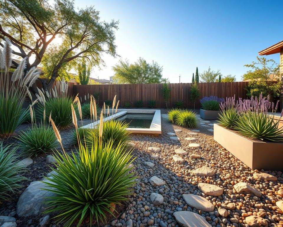 A serene low maintenance landscape featuring a blend of native drought-resistant plants and soft ornamental grasses in the foreground, arranged in an aesthetically pleasing manner. Smooth river stones and pebbles create a natural path winding through the greenery. In the middle ground, a small, tranquil water feature reflects the vibrant blue sky, lined with minimalist, modern planters filled with succulents and lavender. The background showcases a low wooden fence and a few shade trees, providing gentle dappled sunlight. Capture this scene during golden hour to evoke a warm, peaceful atmosphere. Use a wide-angle lens to emphasize the spaciousness of the garden, creating a stress-free living vibe. No people are present, ensuring a focus on the beautiful landscaping.