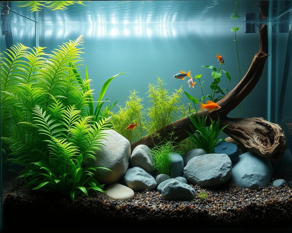 A serene low-tech aquarium ecosystem, featuring a balanced assembly of plants and fish, showcases a vibrant underwater world. In the foreground, lush green aquatic plants like Java fern gracefully sway, while colorful small fish, such as guppies and neon tetras, gently glide among them. The middle ground reveals smooth stones and driftwood creating natural hiding spots, accented by patches of substrate rich with fine gravel and nutrient-rich soil. In the background, soft lighting filters through the water, casting dappled patterns, with a subtle tint of sunlight enhancing the underwater scene. The atmosphere is tranquil and harmonious, embodying the essence of a balanced aquatic ecosystem, encouraging growth and stability. The image is captured from a slightly elevated angle to provide a comprehensive view of the aquatic life and plants, all rendered realistically without any text or markings.