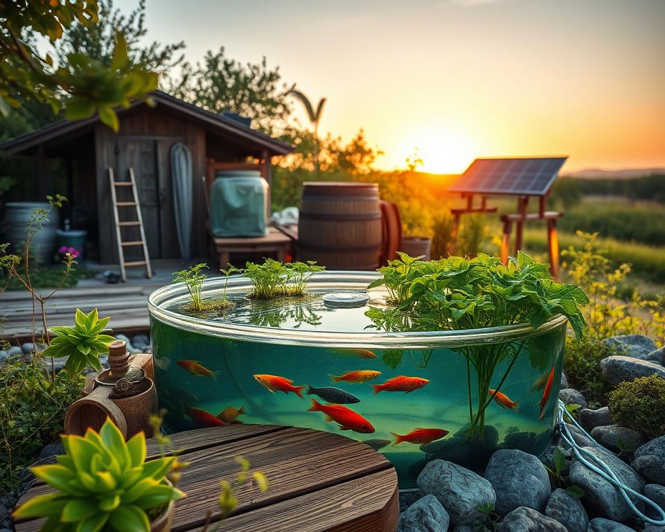 A serene off-grid tank system nestled in a lush natural environment. In the foreground, a meticulously crafted aquaponics setup features thriving plants growing above a clear, circular tank filled with vibrant fish. The tank is surrounded by native plants and stones, reflecting an eco-friendly aesthetic. In the middle ground, a rustic wooden deck provides access, offering tools and materials for maintenance. In the background, a gentle gradient of a sunset sky casts warm, golden light over the scene, enhancing the tranquility of the setting. A wooden barrel and solar panels harmoniously integrate with the landscape, symbolizing sustainability. The composition is framed from a slightly elevated angle, inviting viewers into this self-sustaining ecosystem, evoking a sense of peace and purpose.