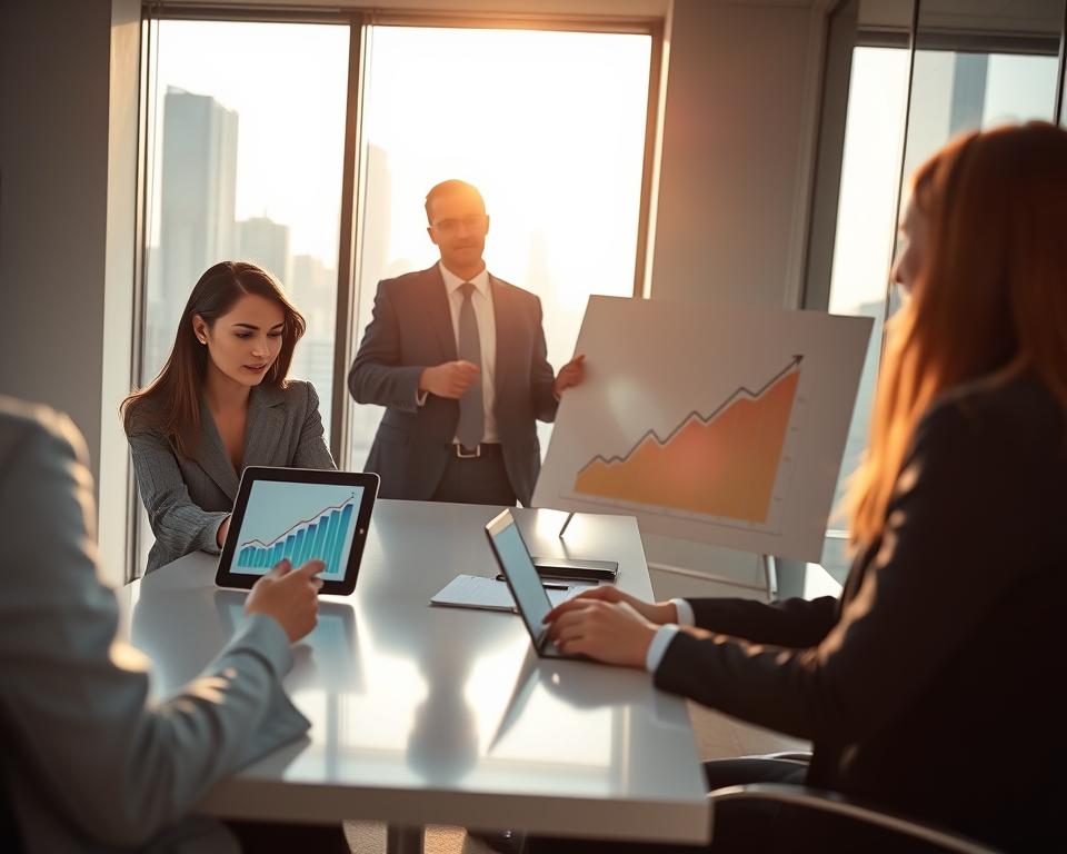 A serene office space showcasing a group of three professionals in smart business attire, gathered around a sleek modern table. In the foreground, a woman analyzing a financial chart displayed on a digital tablet, her expression focused and confident. In the middle ground, a man pointing at a vibrant upward graph on a whiteboard, emphasizing growth and success, while another woman takes notes thoughtfully. The background reveals a city skyline through large glass windows, reflecting a bright morning sun that bathes the room in warm natural light, creating an atmosphere of optimism and stability. The composition incorporates a shallow depth of field, drawing attention to the professionals while softly blurring the city backdrop, enhancing the theme of reliable growth. The overall mood conveys progress, collaboration, and a strong financial foundation.