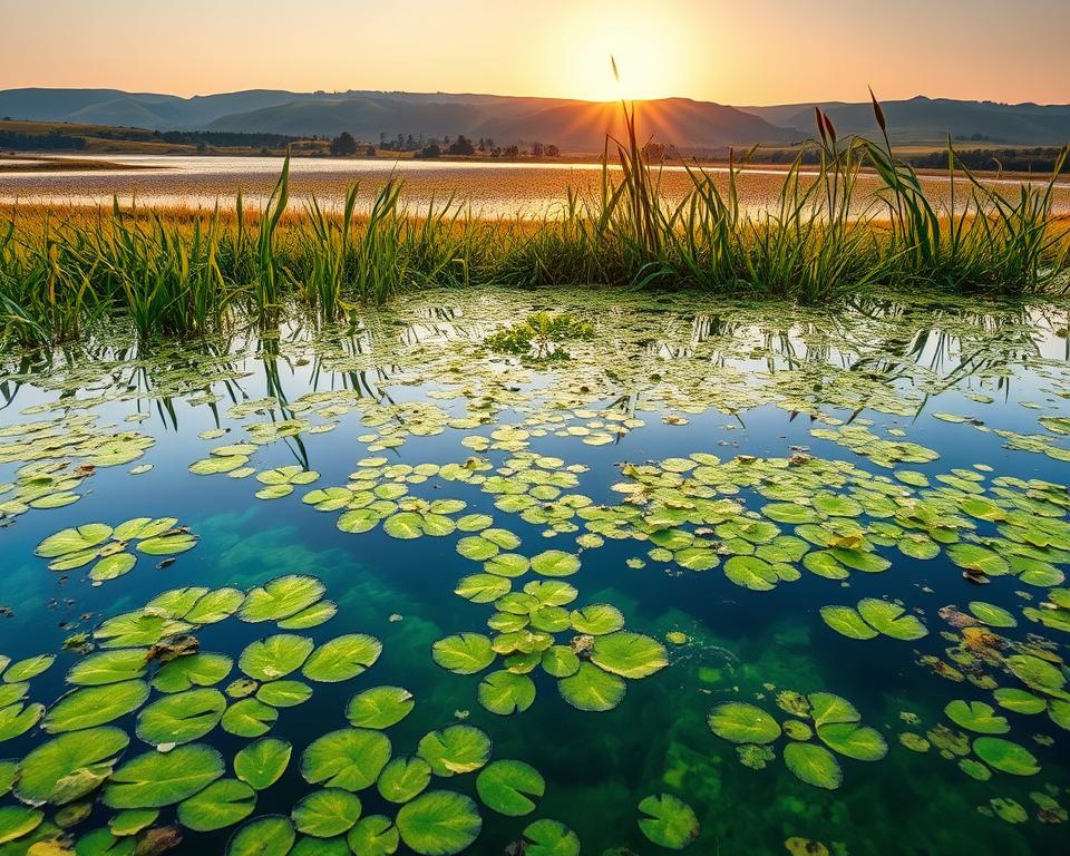 A serene pond scene in the foreground showcases vibrant, crystal-clear water intermittently dotted with patches of lush green algae. The middle ground features a diverse array of aquatic plants, with delicate reeds swaying gently amidst the calm water. In the background, a tranquil landscape of rolling hills under a soft, golden sunset creates a warm, inviting atmosphere. The scene is illuminated with soft, natural lighting that highlights the intricate textures of the algae and the shimmering surface of the pond. This peaceful environment reflects the theme of controlling algal growth while ensuring the beauty of the ecosystem remains intact. The overall mood is calm and hopeful, emphasizing the importance of maintaining a healthy, algae-free pond without any human presence.