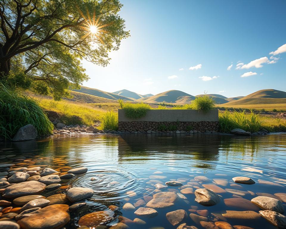 A serene scene illustrating eco-friendly filtration technology, showcasing a natural water filtration system integrated into a lush, green landscape. In the foreground, present a clear, gently flowing stream filtering through layers of pebbles, sand, and natural plants, with intricate details of the filtration medium visible. In the middle, feature a well-designed filtration chamber made of sustainable materials, surrounded by vibrant flora and fauna. In the background, suggest gently rolling hills under a bright blue sky, with soft sunlight casting warm tones, enhancing the tranquil atmosphere. Use a slightly elevated angle to capture the entire scene, ensuring a sense of depth and harmony between nature and technology. Focus on capturing a mood of innovation, sustainability, and serenity.