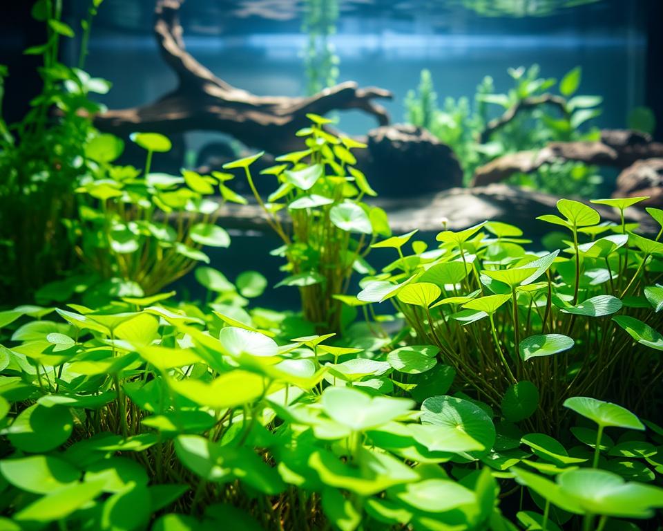 A serene underwater scene featuring various floating water plants in an aquarium setting. In the foreground, vibrant green duckweed and delicate water lilies create a lush tapestry, with hints of intricate root systems visible just below the surface. In the middle ground, clusters of frogbit gently sway, their leaves catching the soft, dappled sunlight filtering through the water. The background holds a blurred view of aquarium decorations, like driftwood and rocks, giving depth to the scene. The lighting is bright and natural, simulating sunlight entering the water at a slight angle, producing gentle reflections. The atmosphere is tranquil and peaceful, evoking the calming beauty of an aquatic ecosystem. The image is crisp and detailed, with a focus on the rich textures and colors of the floating plants. A serene underwater scene featuring various floating water plants in an aquarium setting. In the foreground, vibrant green duckweed and delicate water lilies create a lush tapestry, with hints of intricate root systems visible just below the surface. In the middle ground, clusters of frogbit gently sway, their leaves catching the soft, dappled sunlight filtering through the water. The background holds a blurred view of aquarium decorations, like driftwood and rocks, giving depth to the scene. The lighting is bright and natural, simulating sunlight entering the water at a slight angle, producing gentle reflections. The atmosphere is tranquil and peaceful, evoking the calming beauty of an aquatic ecosystem. The image is crisp and detailed, with a focus on the rich textures and colors of the floating plants.