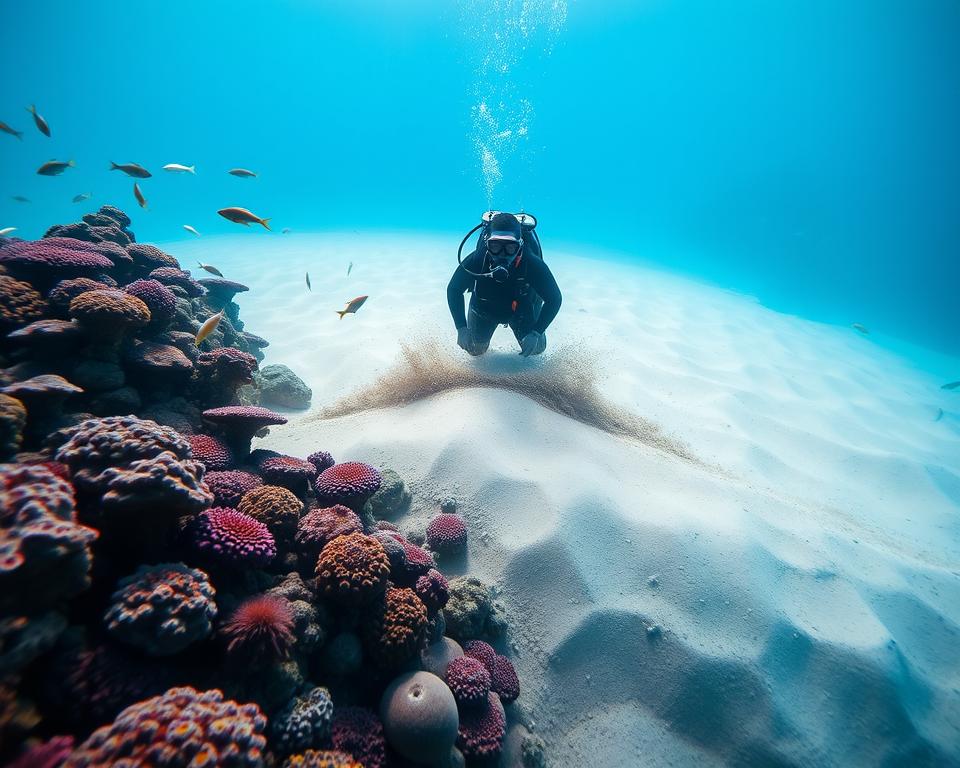 A serene underwater scene of a deep sand bed in a marine aquarium, showcasing vibrant marine life. In the foreground, a coral reef teems with colorful fish swimming around intricately arranged corals. The middle layer highlights a sandy substrate being gently disturbed by a small, equipped diver in a wetsuit, carefully maintaining the environment. The diver is using a specialized tool for sand bed management, showcasing their focused expression. The background reveals a soft blue water gradient, with faint sunlight filtering through the surface, creating a peaceful ambiance. The lighting is bright but natural, emphasizing the clarity of the water. The overall mood is tranquil and dedicated, reflecting the care and attention needed for deep sand bed maintenance.