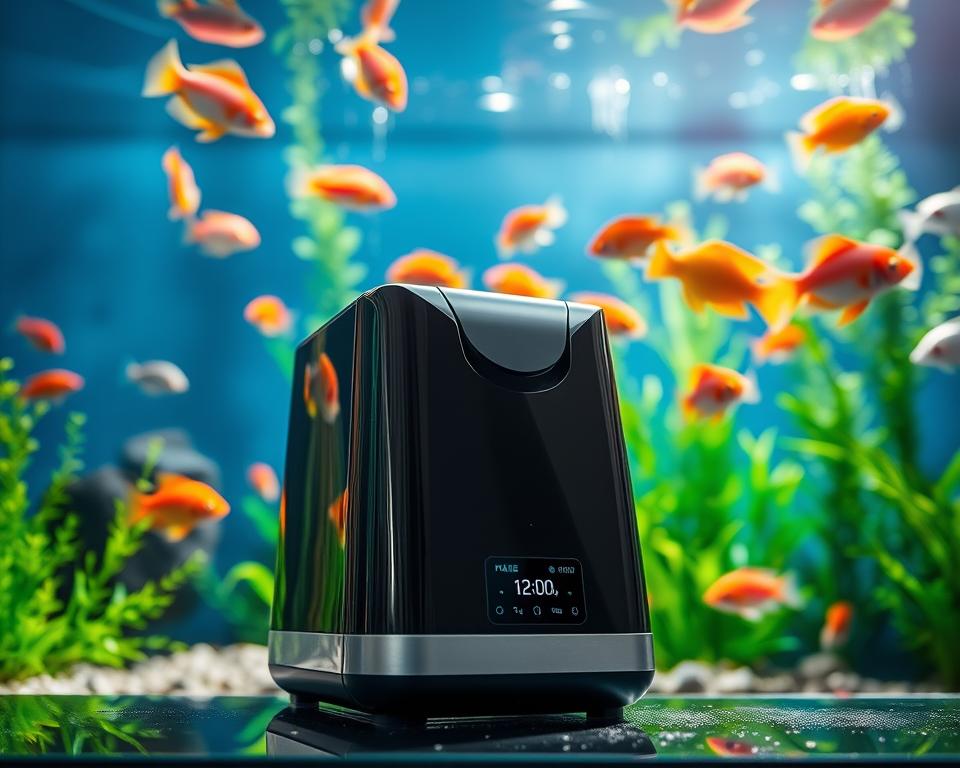 A sleek, modern programmable fish feeder sits prominently in the foreground, designed with a glossy black and silver finish, showcasing its digital display and adjustable feeding settings. The feeder is surrounded by lush aquatic plants and brightly colored fish gracefully swimming in an aquarium backdrop, which reflects a vibrant underwater world. Soft, natural lighting filters through the water, creating shimmering highlights on the fish and feeder's surface. The scene captures a sense of tranquility and efficiency, emphasizing the essential role of technology in enhancing fish feeding behavior. The camera angle is slightly elevated, focusing on the feeder while including a glimpse of the bustling underwater activity, inviting viewers to appreciate the harmony of technology and nature.