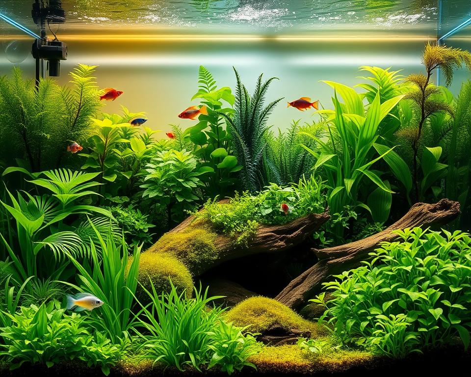 A stunning natural planted tank, showcasing a harmonious underwater ecosystem. In the foreground, lush green aquarium plants like Monte Carlo and Anubias create a vibrant carpet, while soft moss cascades over driftwood. In the middle ground, diverse aquatic plants, including Java Fern and Cryptocoryne, flourish amidst serene fish, such as neon tetras and guppies, swimming playfully. The background features a soft gradient of colors, with floating water spangles reflecting light. The scene is illuminated with gentle, diffused lighting that mimics the warm glow of sunlight filtering through water, creating a tranquil and inviting atmosphere. Shot from a slightly elevated angle to capture the full depth of the tank, emphasizing the beauty and complexity of the aquatic life.