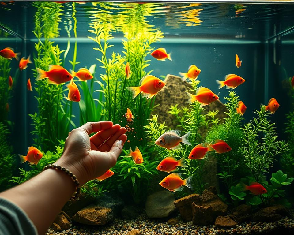 A tranquil, well-maintained no-filter aquarium scene, showcasing a variety of vibrant, colorful fish swimming near the surface. In the foreground, a person in casual attire gently sprinkles fish food into the water, their hands adorned with a simple bracelet, creating gentle ripples in the tank. The middle ground reveals lush aquatic plants thriving without artificial filtration, casting soft shadows. The background is bathed in warm, natural light through a nearby window, illuminating the aquarium while softening the edges. The mood is peaceful and nurturing, emphasizing the ease and enjoyment of feeding in a no-filter tank environment. Capture this scene from a slightly elevated angle, focusing on the interaction between the person and the lively fish.