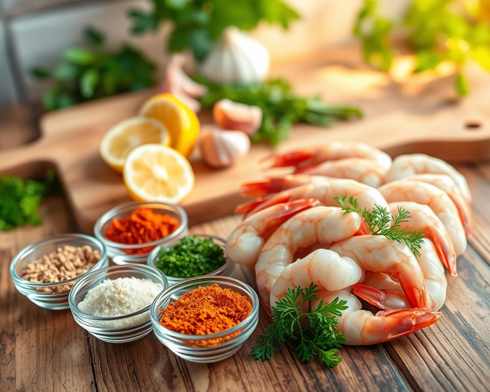 A vibrant and appetizing arrangement of shrimp flavor enhancements, placed on a rustic wooden table. In the foreground, there are small bowls filled with various spices including garlic powder, paprika, lemon zest, and fresh herbs like parsley and dill. Next to the bowls, a cluster of fresh, uncooked shrimp glistens slightly, showcasing their natural pink hue. In the middle ground, a cutting board displays halved lemons and a few whole garlic cloves, emphasizing freshness. The background is softly blurred, with hints of greenery or herbs peeking through, suggesting a kitchen environment. The lighting is warm and inviting, reminiscent of golden hour, casting gentle shadows to create depth. The mood is cheerful and inspiring, perfect for encouraging home cooks to experiment with their shrimp dishes.