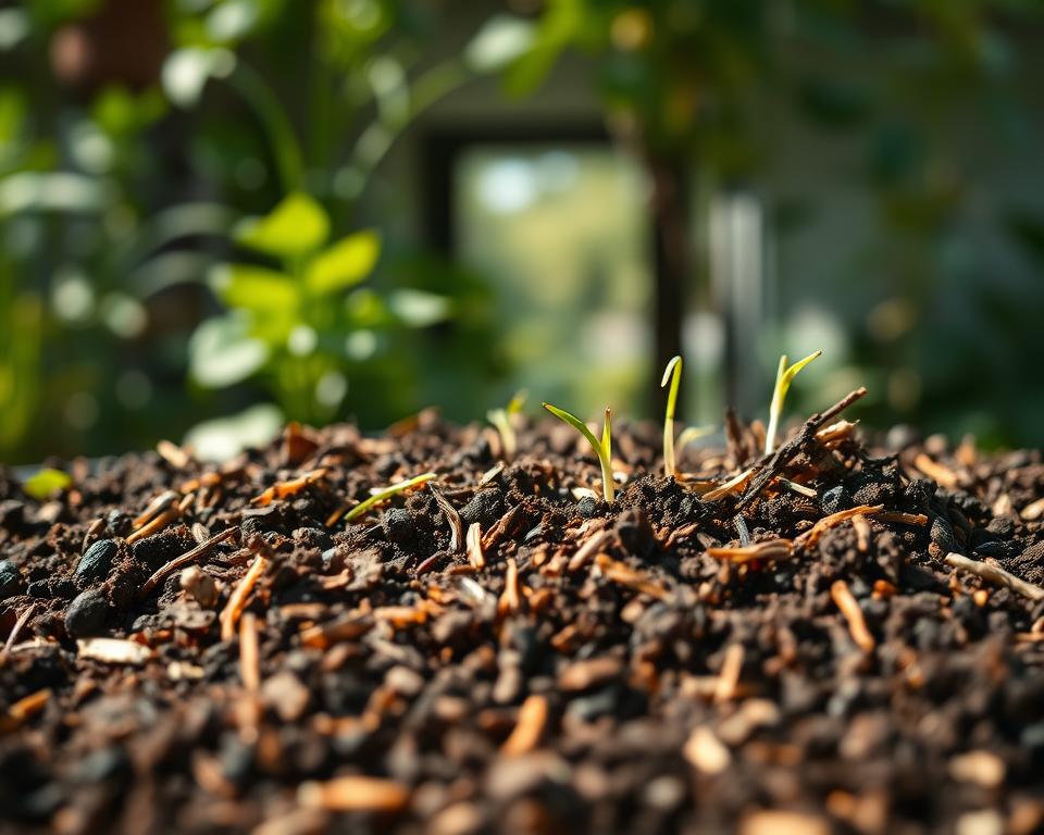 A vibrant and detailed close-up of organic matter suitable for plant growth, featuring rich, dark compost mixed with various natural ingredients like shredded leaves, coconut coir, and small twigs. In the foreground, showcase the texture of the organic substrate, highlighting the earthy grains and moisture. The middle ground should include small sprouts emerging from the substrate, suggesting healthy plant growth. In the background, softly blurred greenery indicating a thriving indoor or outdoor garden, with dappled sunlight filtering through. Use warm, natural lighting to create an inviting atmosphere, simulating early morning light. Capture the image at a slight angle to emphasize depth, focusing on the richness and vitality of the organic matter, conveying a sense of health and sustainability.