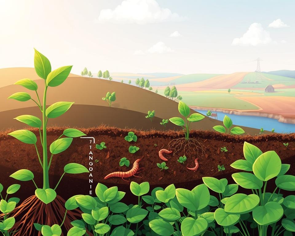 A vibrant and educational illustration of the nitrogen cycle restoration process. In the foreground, depict healthy plants with rich green leaves and deep roots, symbolizing enhanced nitrogen absorption. In the middle ground, illustrate a diverse ecosystem with soil rich in nutrients, earthworms aerating the soil, and nitrogen-fixing bacteria in action, emphasizing their crucial role. In the background, show a serene landscape with a clear sky, fields, and a distant water source, representing a balanced environment. Use soft, natural lighting to convey a sense of harmony and growth. The angle should be slightly elevated to capture the interconnectedness of the elements, enhancing the mood of renewal and sustainability without any text or symbols.