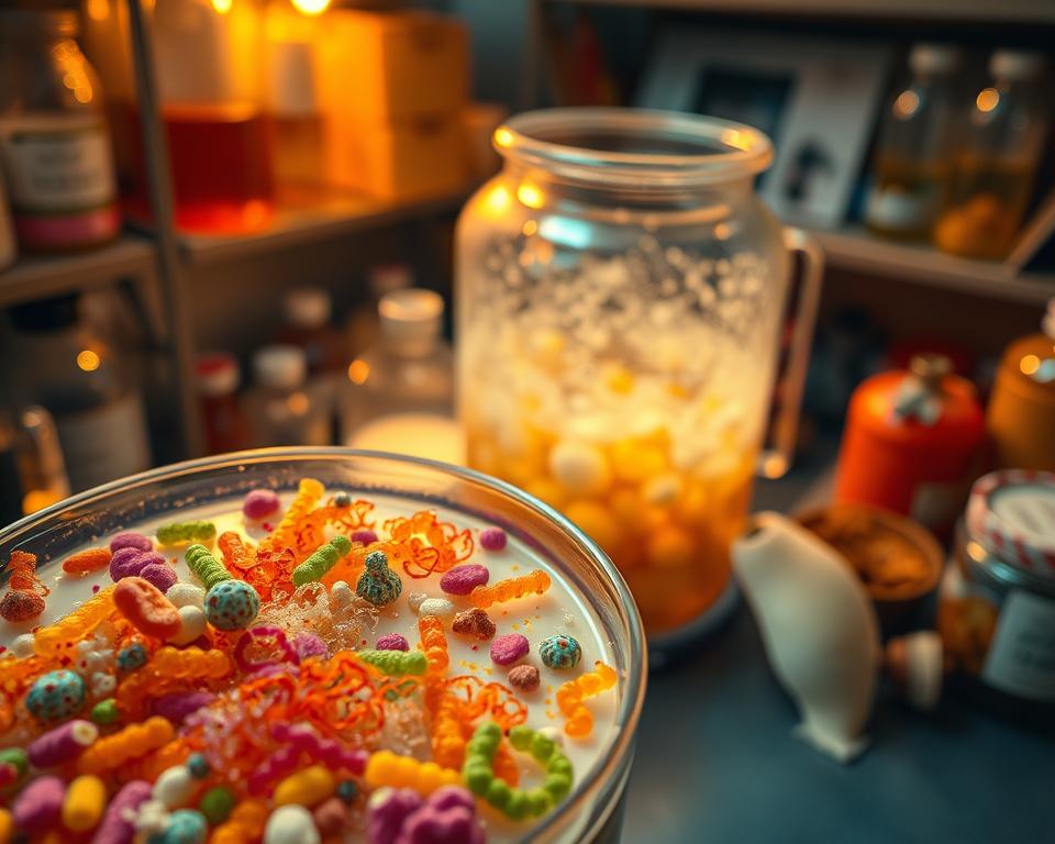A vibrant and informative depiction of beneficial microorganisms involved in fermentation, with a focus on bacteria such as Lactobacillus and Saccharomyces. In the foreground, show a petri dish filled with a colorful array of these microorganisms, highlighting their textures and shapes. In the middle ground, include a transparent fermentation vessel bubbling gently, encapsulating a lively culture of bacteria and yeasts. The background should feature a softly lit laboratory setting, with shelves lined with fermentation equipment and jars. Use warm, inviting lighting to create a sense of warmth and growth. Aim for a high-angle view that captures the intricacies of the microbial world, emphasizing the importance of these microorganisms in the fermentation process while conveying a mood of exploration and curiosity.