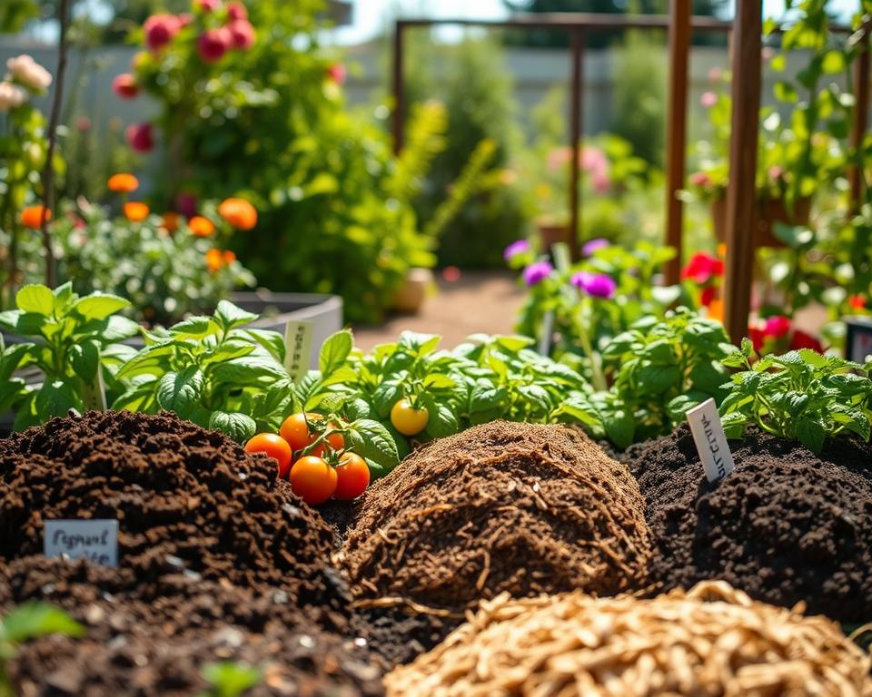 A vibrant and inviting scene showcasing a variety of chemical-free planting substrates laid out in a garden setting. In the foreground, rich, dark soil mixed with organic compost, cocoa coir, and peat-free alternatives, with small tags identifying each type. The middle ground features healthy, green plants thriving in these substrates, such as tomatoes and herbs, showcasing their lush foliage and vibrant colors. In the background, a sunlit garden filled with flowering plants and a trellis, softly blurred to create depth. The atmosphere is warm and inviting, illuminated by soft natural lighting, capturing the essence of organic gardening. The camera angle is slightly elevated to encompass the diversity of substrates and plants effectively.