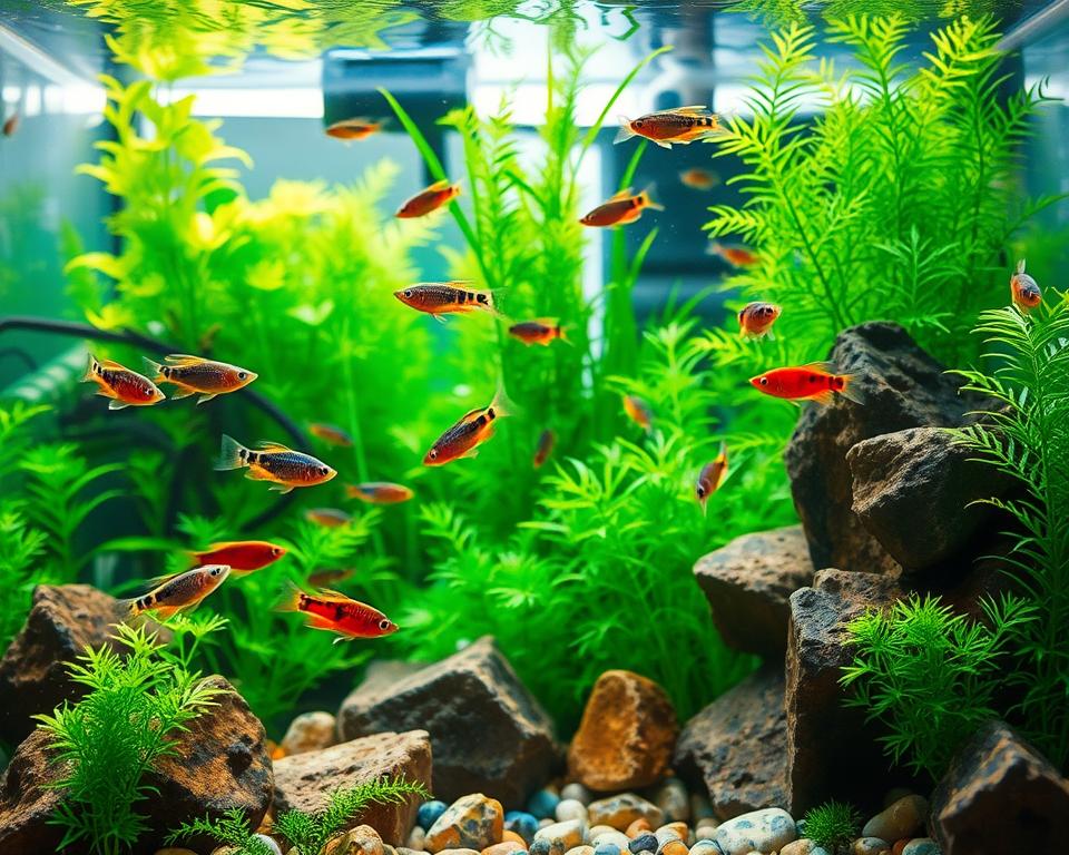 A vibrant and serene freshwater aquarium scene filled with hardy fish species, such as guppies, danios, and rainbowfish, swimming gracefully among lush green aquatic plants and colorful rocks. In the foreground, depict a few guppies displaying their vivid colors and patterns, while danios dart playfully among the foliage. The middle ground features a variety of freshwater plants like anubias and java fern, creating a lush habitat. In the background, portray a soft-focused view of a filter and aquarium decorations, enhancing the sense of depth. The lighting is bright and natural, simulating sunlight filtering through the water, casting gentle ripples. The mood is calm and inviting, showcasing the beauty of a community tank ideal for low-maintenance aquarium enthusiasts. A vibrant and serene freshwater aquarium scene filled with hardy fish species, such as guppies, danios, and rainbowfish, swimming gracefully among lush green aquatic plants and colorful rocks. In the foreground, depict a few guppies displaying their vivid colors and patterns, while danios dart playfully among the foliage. The middle ground features a variety of freshwater plants like anubias and java fern, creating a lush habitat. In the background, portray a soft-focused view of a filter and aquarium decorations, enhancing the sense of depth. The lighting is bright and natural, simulating sunlight filtering through the water, casting gentle ripples. The mood is calm and inviting, showcasing the beauty of a community tank ideal for low-maintenance aquarium enthusiasts.