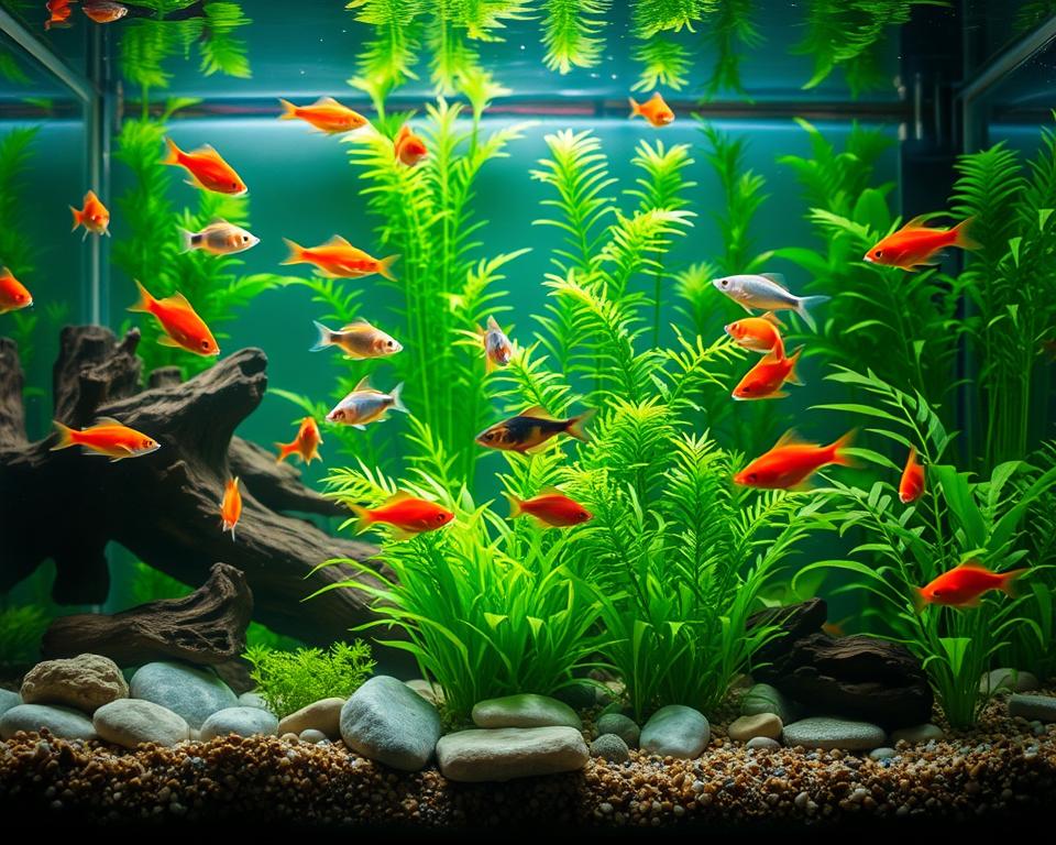 A vibrant and tranquil freshwater fish aquarium setup, featuring a variety of hardy fish such as neon tetra, guppies, and goldfish swimming peacefully among lush aquatic plants. In the foreground, a natural substrate is visible, embellished with smooth stones and driftwood, fostering a sense of harmony. The middle ground showcases healthy green plants like Java fern and anubias, providing shelter and enrichment for the fish. In the background, soft ambient lighting creates a serene atmosphere, with gentle reflections dancing on the water surface. The scene is captured from a slight angle, giving a dynamic view of the tank's depth. The overall mood is calming and inviting, perfect for a low-maintenance aquarium. A vibrant and tranquil freshwater fish aquarium setup, featuring a variety of hardy fish such as neon tetra, guppies, and goldfish swimming peacefully among lush aquatic plants. In the foreground, a natural substrate is visible, embellished with smooth stones and driftwood, fostering a sense of harmony. The middle ground showcases healthy green plants like Java fern and anubias, providing shelter and enrichment for the fish. In the background, soft ambient lighting creates a serene atmosphere, with gentle reflections dancing on the water surface. The scene is captured from a slight angle, giving a dynamic view of the tank's depth. The overall mood is calming and inviting, perfect for a low-maintenance aquarium.