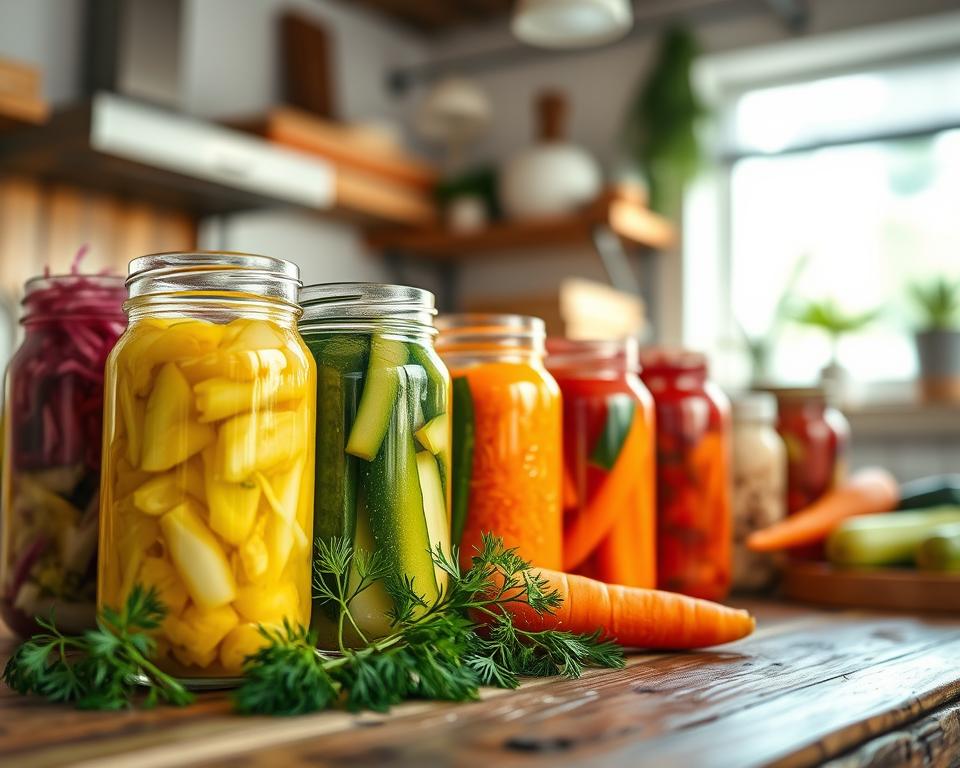 A vibrant, close-up image of an assortment of fermented vegetables displayed in glass jars on a rustic wooden table. The foreground features colorful jars filled with bright sauerkraut, carrot, and cucumber pickles, their textures and colors vivid and inviting. In the middle ground, sprinkle fresh herbs like dill and coriander around the jars, enhancing the natural appeal. The background showcases a softly blurred kitchen setting with natural light streaming in through a window, casting a warm glow on the scene. Use a shallow depth of field to draw focus to the jars, with a slight bokeh effect. The atmosphere is cozy and homey, evoking a sense of health and vitality, perfect for inspiring readers to try delicious recipes using live bacteria starters.