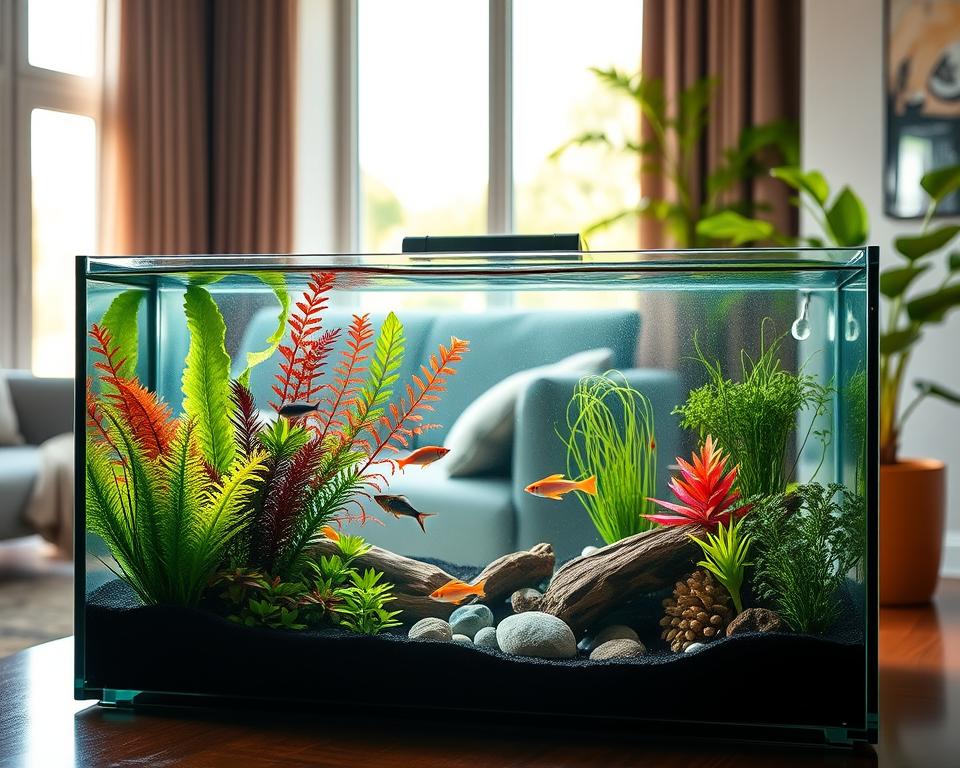 A vibrant modern aquarium setup featuring a no-filter tank, prominently displayed in a cozy living room. In the foreground, colorful live plants such as java fern and anubias beautifully contrast with smooth black substrate, while small, active fish like guppies and neon tetras swim gracefully. The middle ground showcases the clear, pristine water, highlighting the natural beauty of the aquatic life and decorations like driftwood and smooth stones. In the background, warm natural light filters through a large window, casting soft reflections on the tank's surface. A contemporary indoor plant nearby adds to the lush aesthetic. The overall mood is peaceful and inviting, evoking a sense of tranquility and harmony in aquarium care. Shot from a slight angle with a soft-focus lens to emphasize the details.