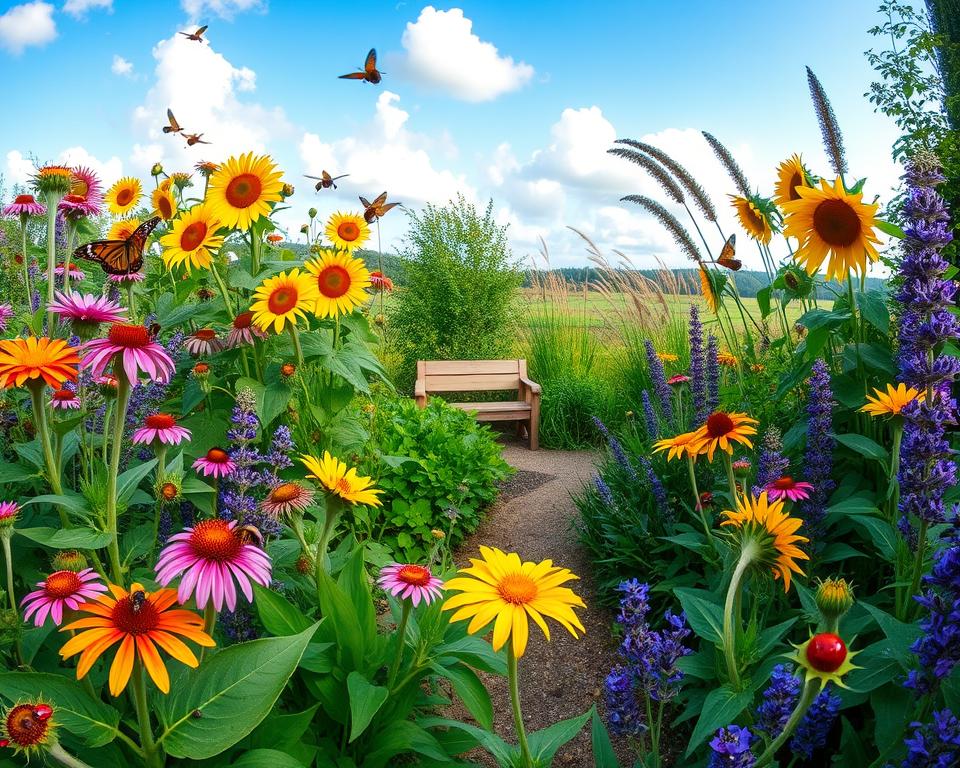 A vibrant pollinator-friendly garden filled with diverse flowers and plants, showcasing a variety of colors and textures. In the foreground, bright blooms of milkweed, coneflowers, and lavender attract busy bees and butterflies, while ladybugs crawl on lush green leaves. The middle ground features a small, winding path bordered by taller sunflowers and ornamental grasses, leading to a quaint wooden bench. The background is a serene landscape with a gentle blue sky, fluffy white clouds, and the soft glow of sunlight filtering through the leaves, creating dappled shadows on the ground. The atmosphere is peaceful and inviting, encouraging connection with nature. Shot with a wide-angle lens to capture the full essence of the garden, emphasizing depth and harmony in the ecosystem. A vibrant pollinator-friendly garden filled with diverse flowers and plants, showcasing a variety of colors and textures. In the foreground, bright blooms of milkweed, coneflowers, and lavender attract busy bees and butterflies, while ladybugs crawl on lush green leaves. The middle ground features a small, winding path bordered by taller sunflowers and ornamental grasses, leading to a quaint wooden bench. The background is a serene landscape with a gentle blue sky, fluffy white clouds, and the soft glow of sunlight filtering through the leaves, creating dappled shadows on the ground. The atmosphere is peaceful and inviting, encouraging connection with nature. Shot with a wide-angle lens to capture the full essence of the garden, emphasizing depth and harmony in the ecosystem.