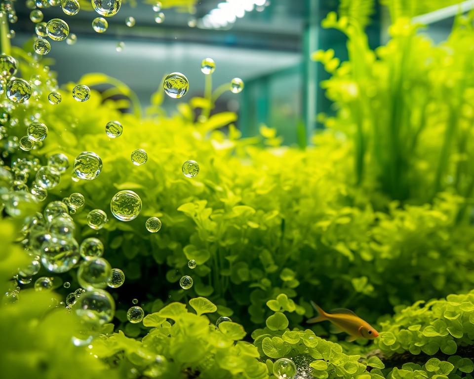 A vibrant, self-sustaining tank teeming with an algae bloom, showcasing rich greens and yellows swirling in the water. In the foreground, detailed close-ups of crystalline bubbles rising through the algae, illuminating the aquatic environment. The middle ground features aquatic plants thriving among the algae, with small fish darting playfully through the scene. The background includes a softly focused view of the tank's glass walls, reflecting natural light filtering in from above, casting gentle shadows. The overall atmosphere is lively and healthy, suggesting a balanced ecosystem. The lighting is bright and natural, emphasizing the clarity and vibrancy of the tank. The scene is viewed at a slight angle, providing depth and perspective while showcasing the flourishing life within the tank.