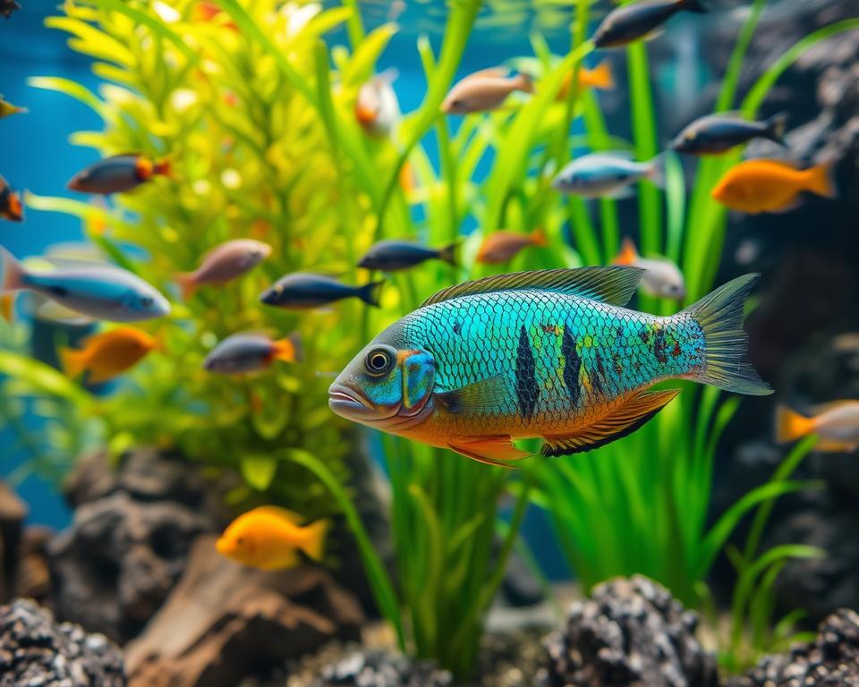 A vibrant underwater scene featuring a variety of hard water fish, such as African cichlids, swordtails, and heterandria, populating a beautifully aquascaped aquarium. In the foreground, focus on a striking cichlid displaying iridescent scales in shades of blue and yellow, interacting with a few smaller fish. The middle ground showcases lush green aquatic plants, providing natural cover and enhancing the visual depth. In the background, hints of rocks and substrate mimic the natural habitat of these species, with gentle ripples reflecting soft lighting from above. The image is captured with a macro lens to highlight the textures and colors, creating a serene and lively atmosphere that draws viewers into the enchanting world of hard water fish.