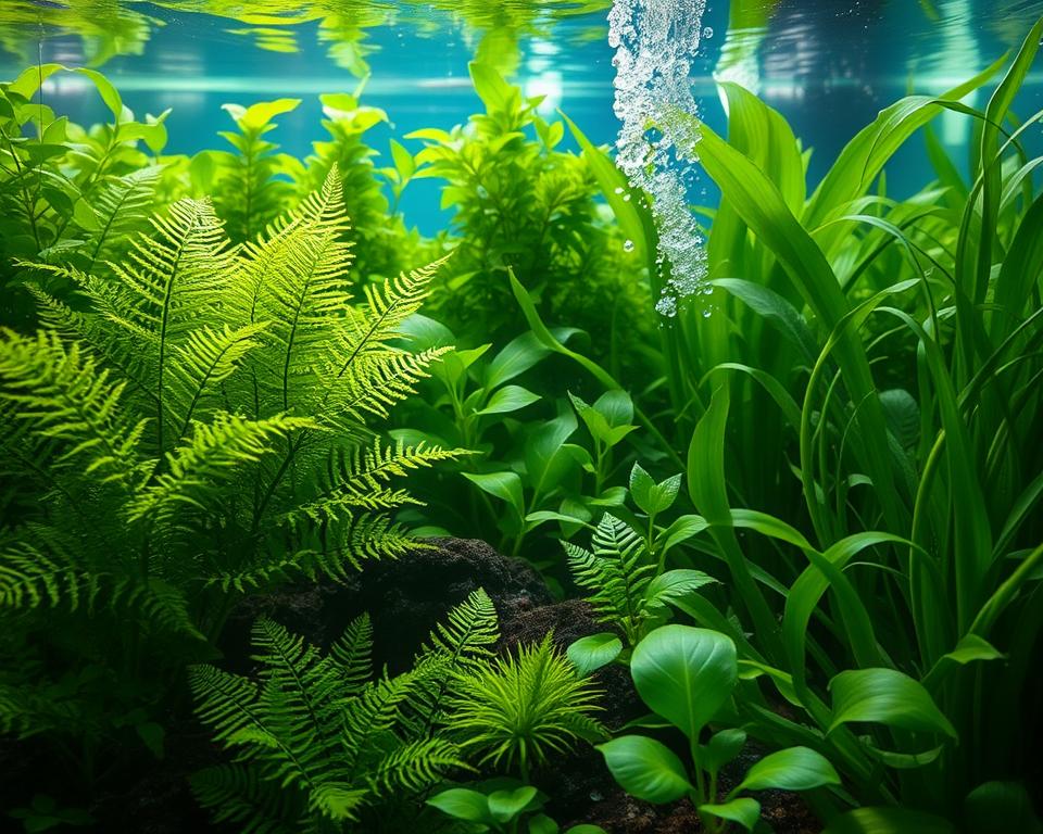 A vibrant underwater scene showcasing a lush aquarium filled with various live aquatic plants, such as Java Fern, Anubias, and Amazon Sword, thriving in a crystal-clear tank. In the foreground, the plants are detailed, displaying their rich green hues and textured leaves, inviting a sense of tranquility. The middle ground features subtle bubbles rising to the surface, emphasizing the healthy environment fostered by the plants. The background includes soft lighting, simulating sunlight filtering through water, casting gentle shadows. The mood is serene and refreshing, highlighting the natural beauty and benefits of live plants in maintaining water quality. The angle is slightly from above, providing a comprehensive view of the aquarium’s ecosystem without any text or distractions.