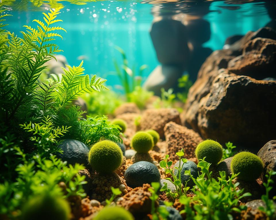 A vibrant underwater scene showcasing a variety of No-CO2 aquatic plants, such as Anubias, Java Fern, and Marimo Moss Balls, lushly growing across a naturally rocky substrate. In the foreground, detailed close-ups of the plants reveal their unique textures and shapes, bathed in gentle sunlight filtering through the water's surface, creating sparkling reflections. The middle ground captures a diverse aquatic environment teeming with small fish peacefully swimming among the greenery. In the background, soft shadows of larger aquatic plants and a subtle hint of natural stones provide depth and a serene atmosphere. The color palette features rich greens, soft browns, and hints of turquoise, conveying a calming feel and a thriving underwater ecosystem. The lighting is warm and inviting, emphasizing the tranquility of a low-maintenance tank.